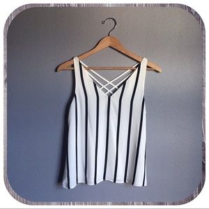 Express, V-Neck Tank with Strappy Back, BW Stripes
